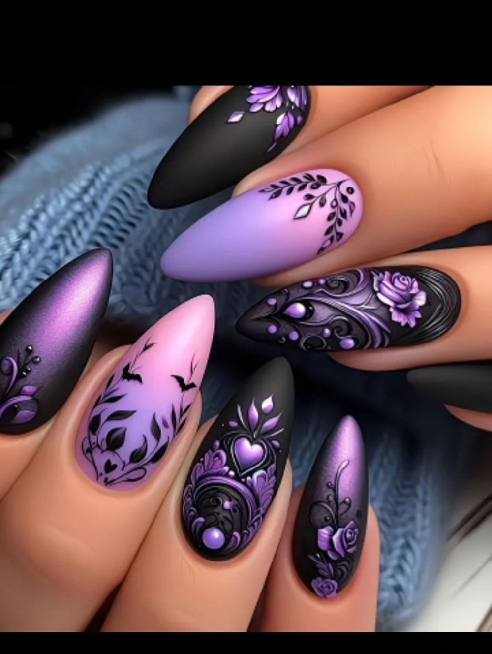 🔥3/$21 Matte Black & Purple Gradient Press On Nails with Floral Accents
